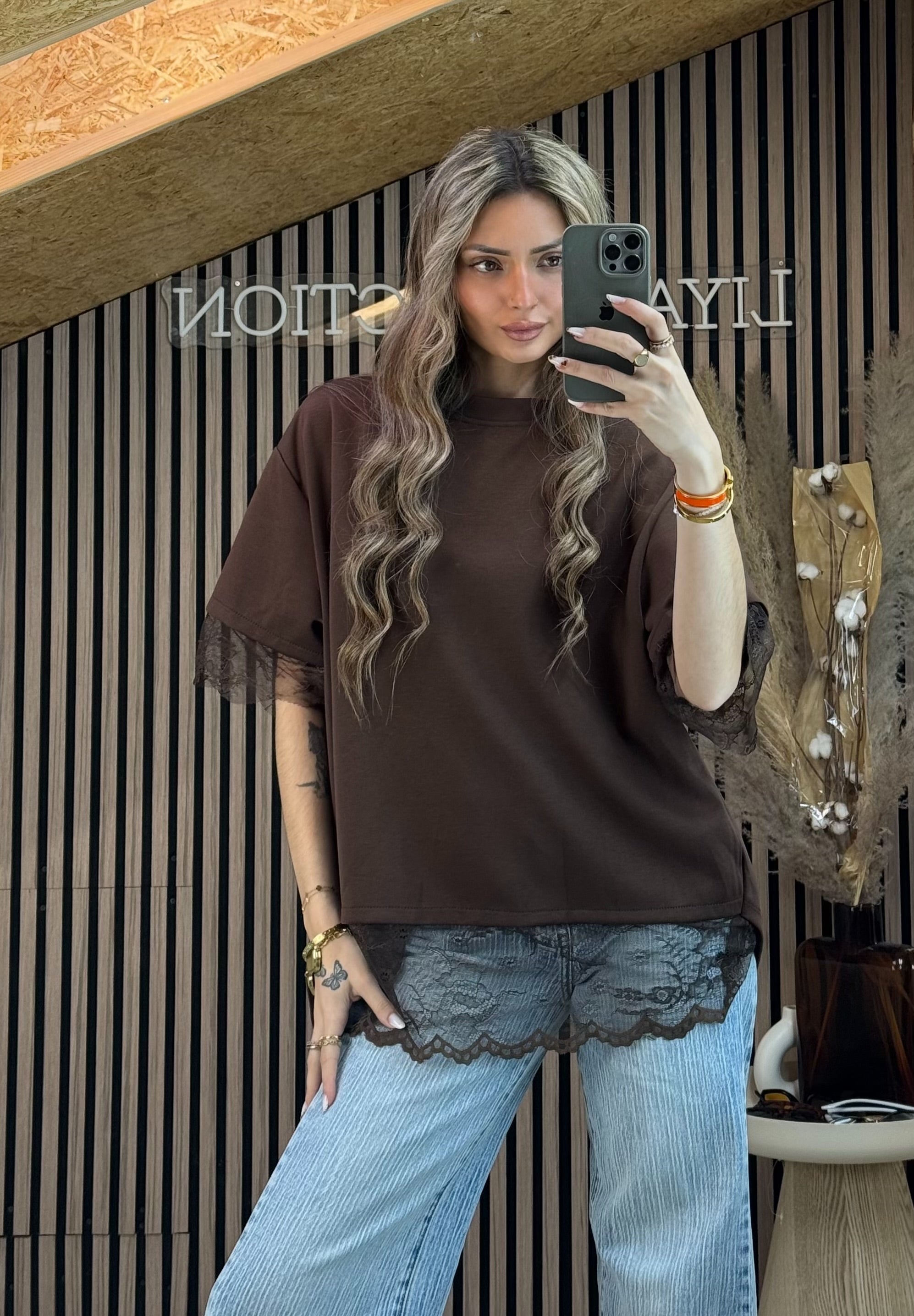 T-Shirt dentelle Marron