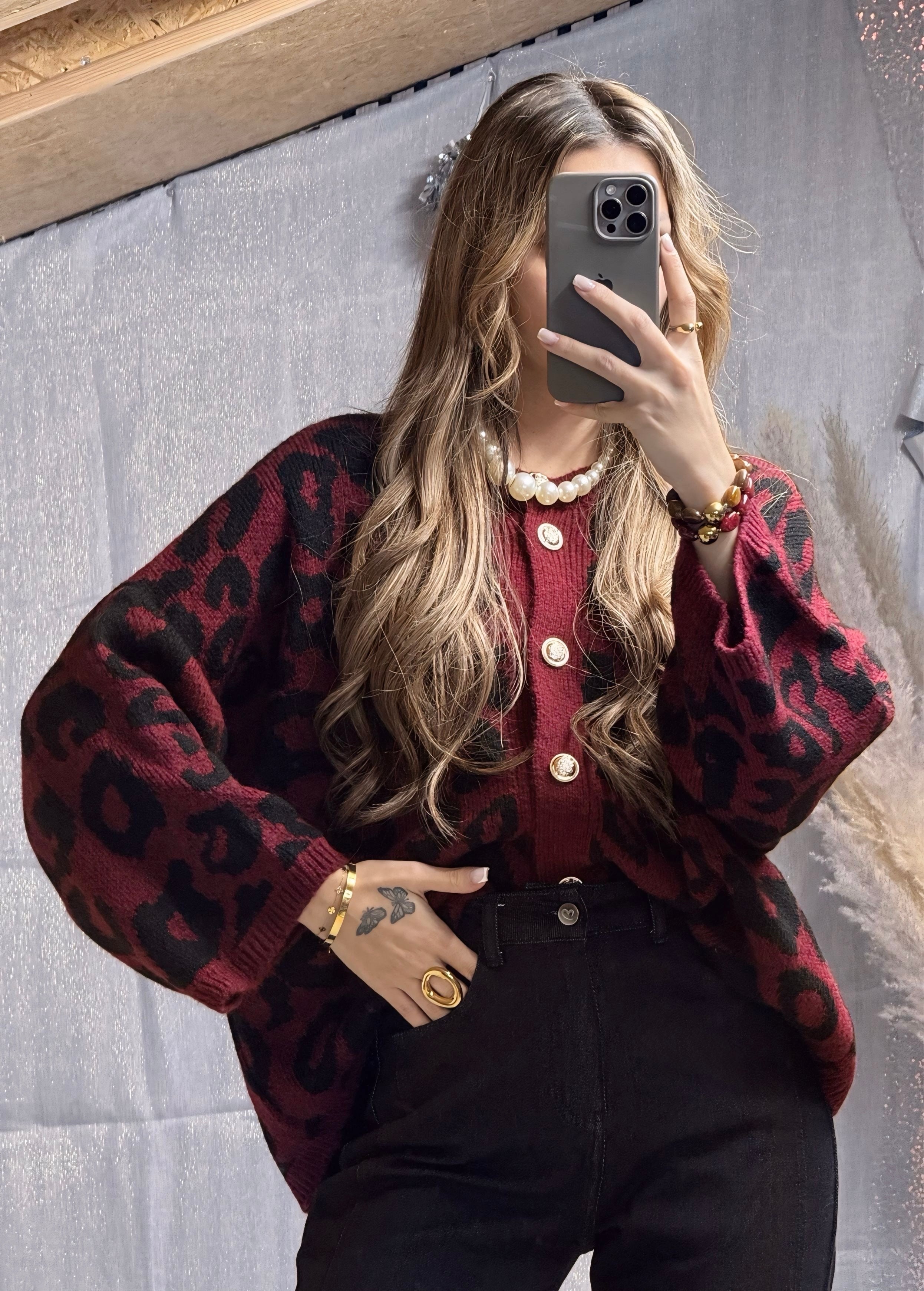 Pull à boutons Léopard Bordeaux