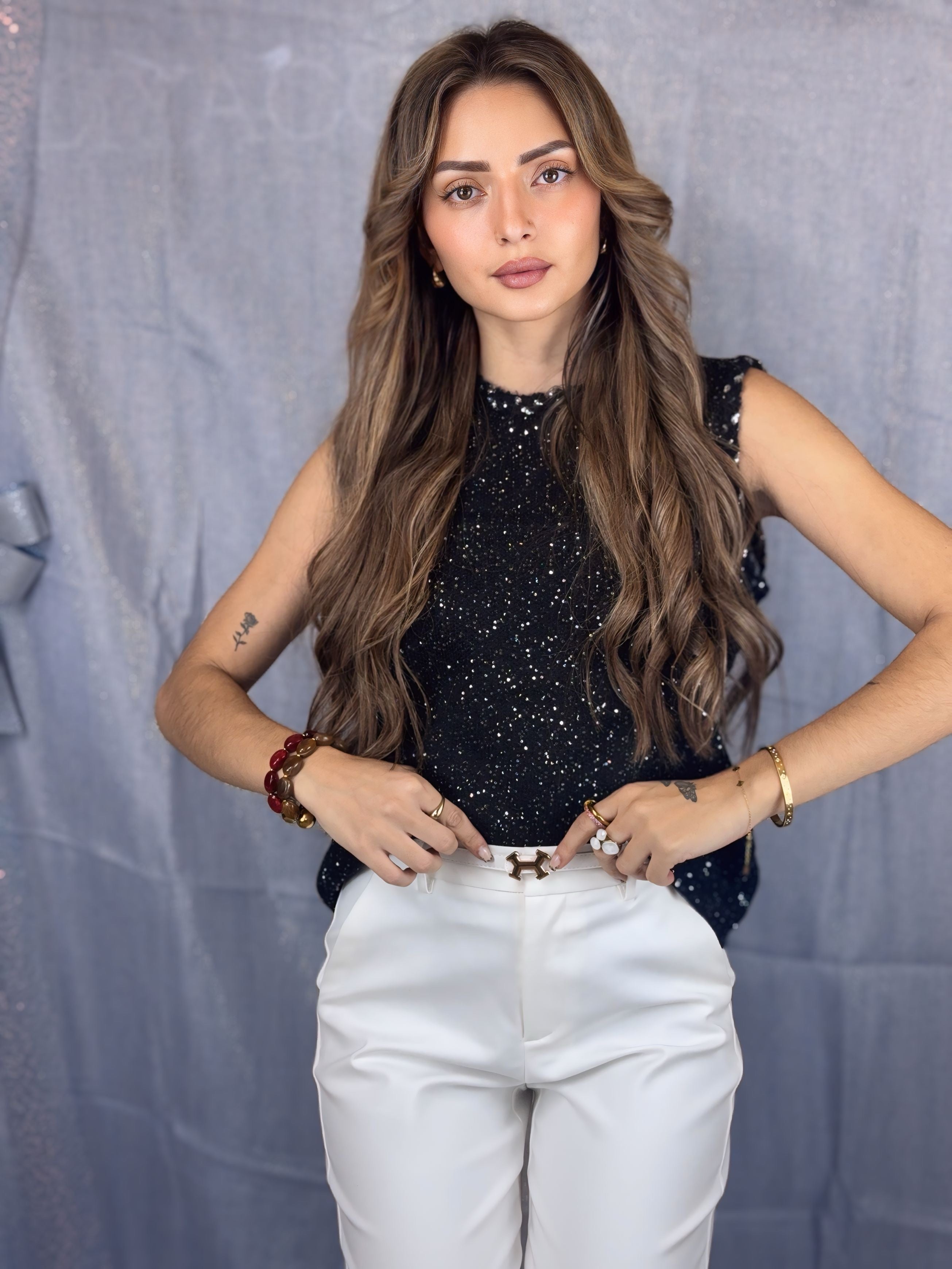 Pull sans manches pailleté noir