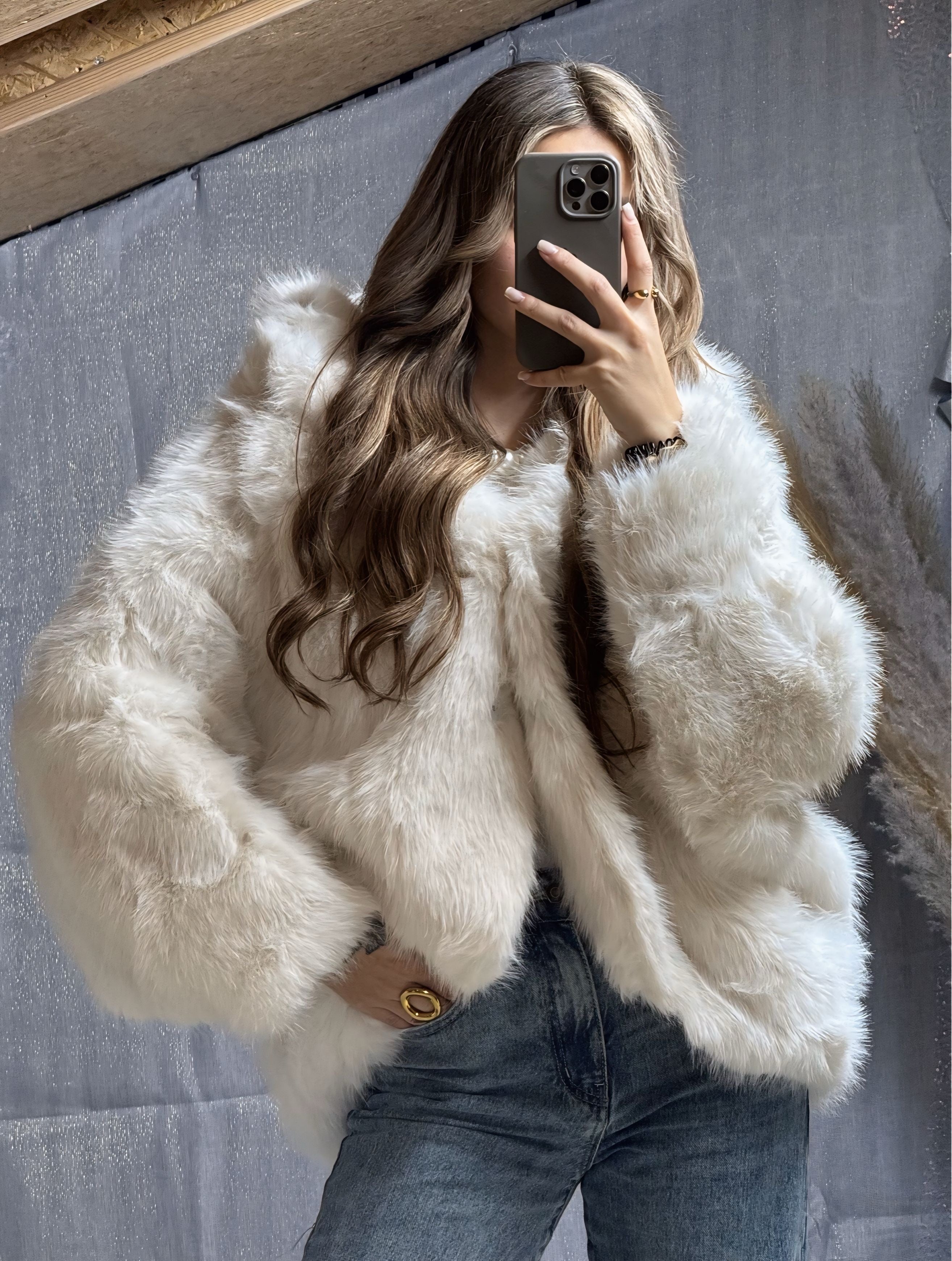 Fourrure à capuche Écru/Blanc