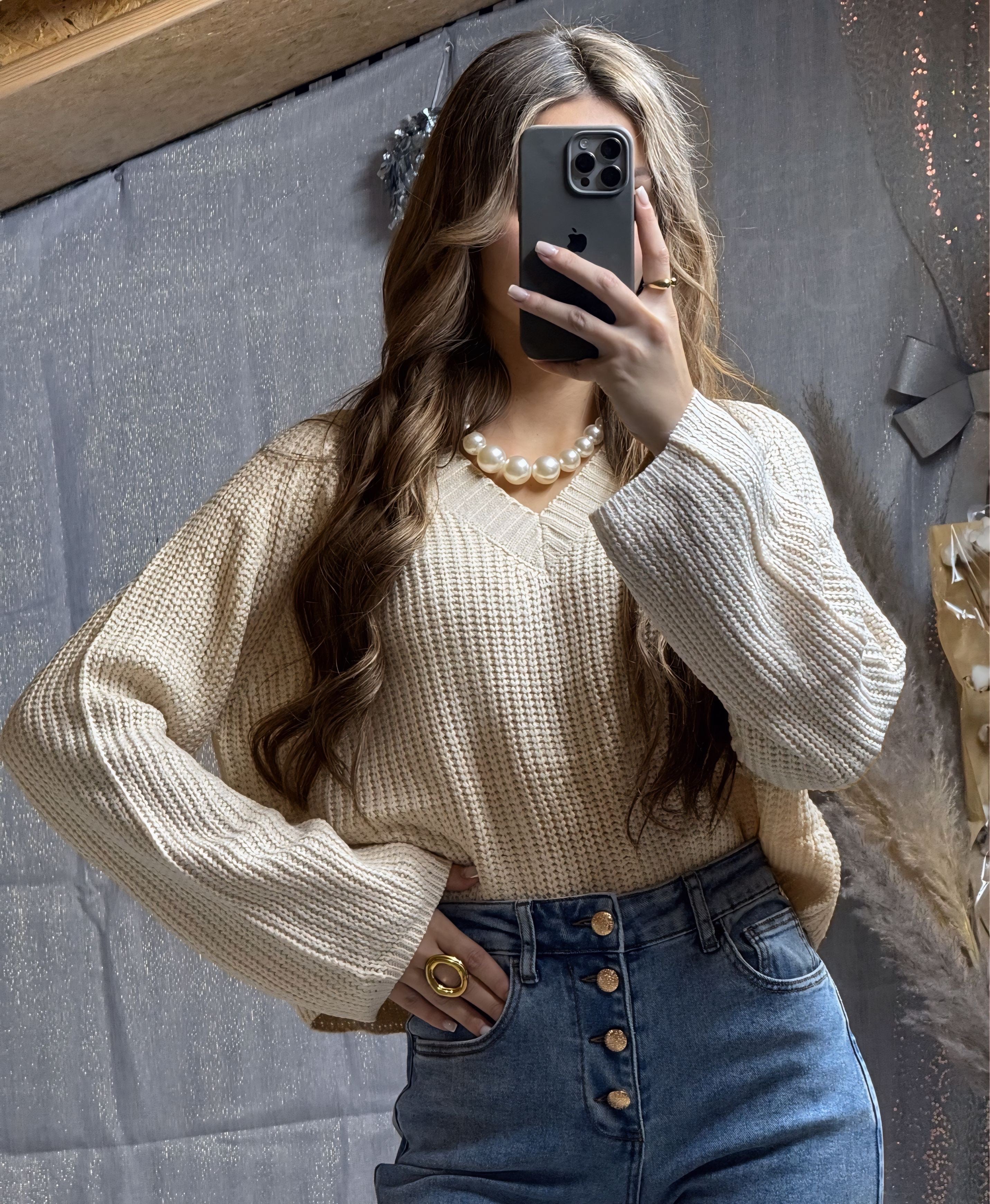 Pull col V grosse maille écru