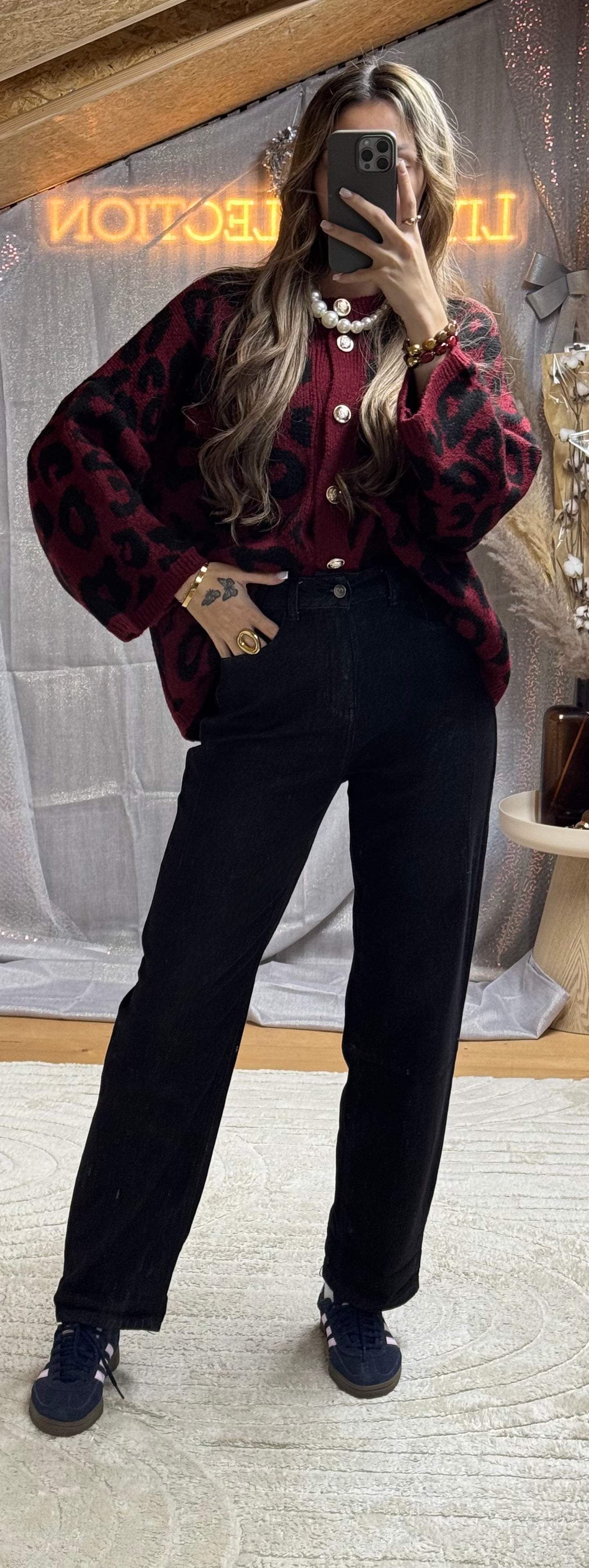 Pull à boutons Léopard Bordeaux