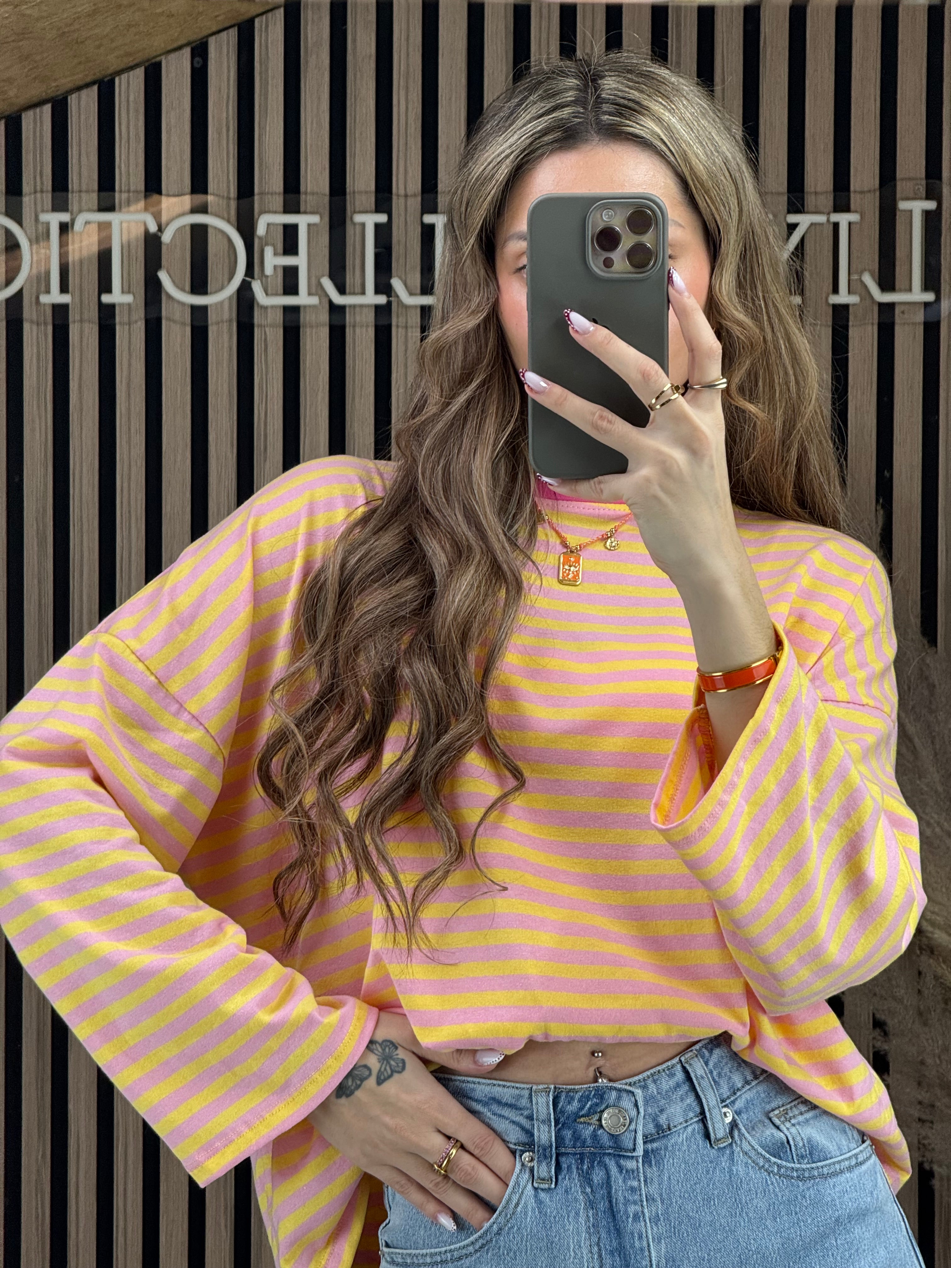 Pull rayé rose/jaune