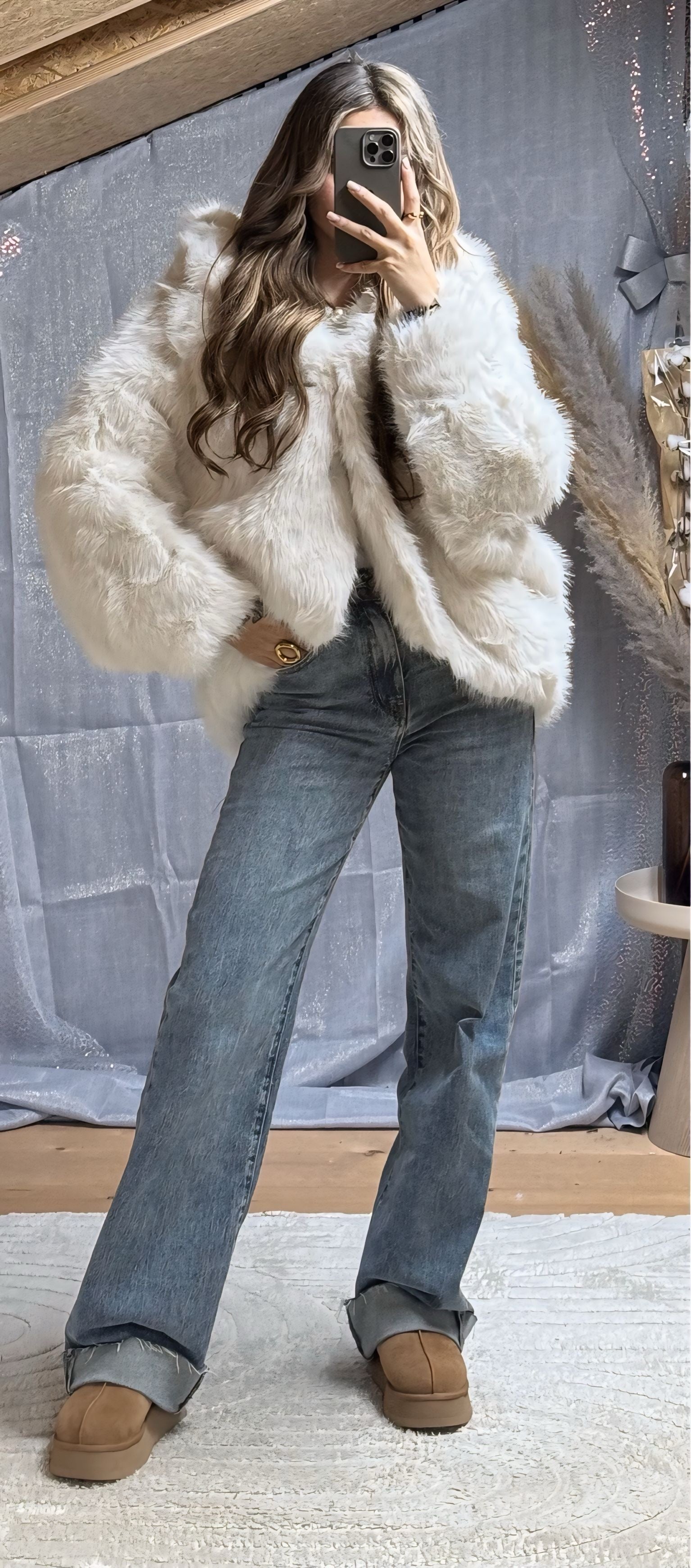 Fourrure à capuche Écru/Blanc