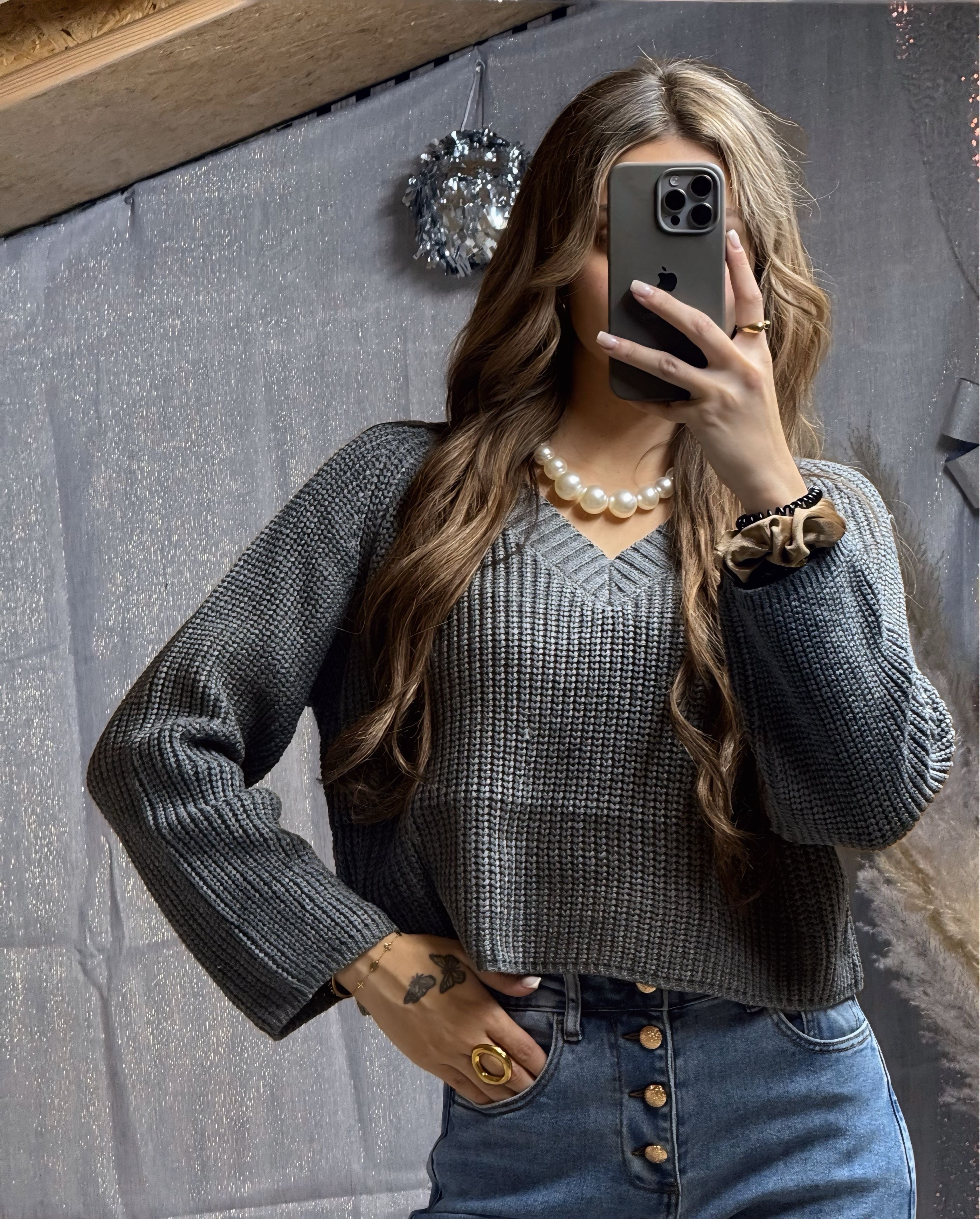 Pull col V grosse maille gris