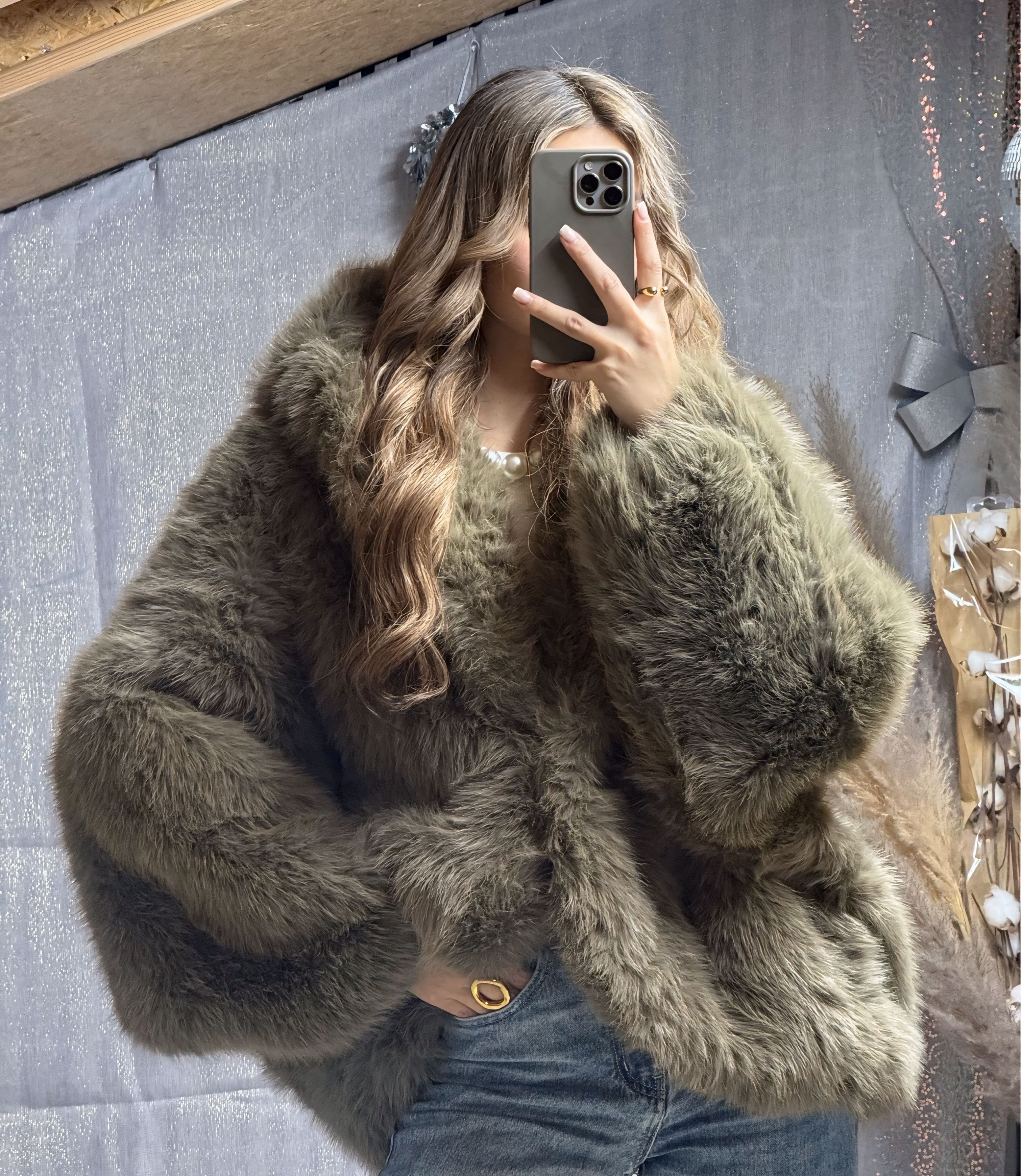 Fourrure à capuche Kaki/Taupe