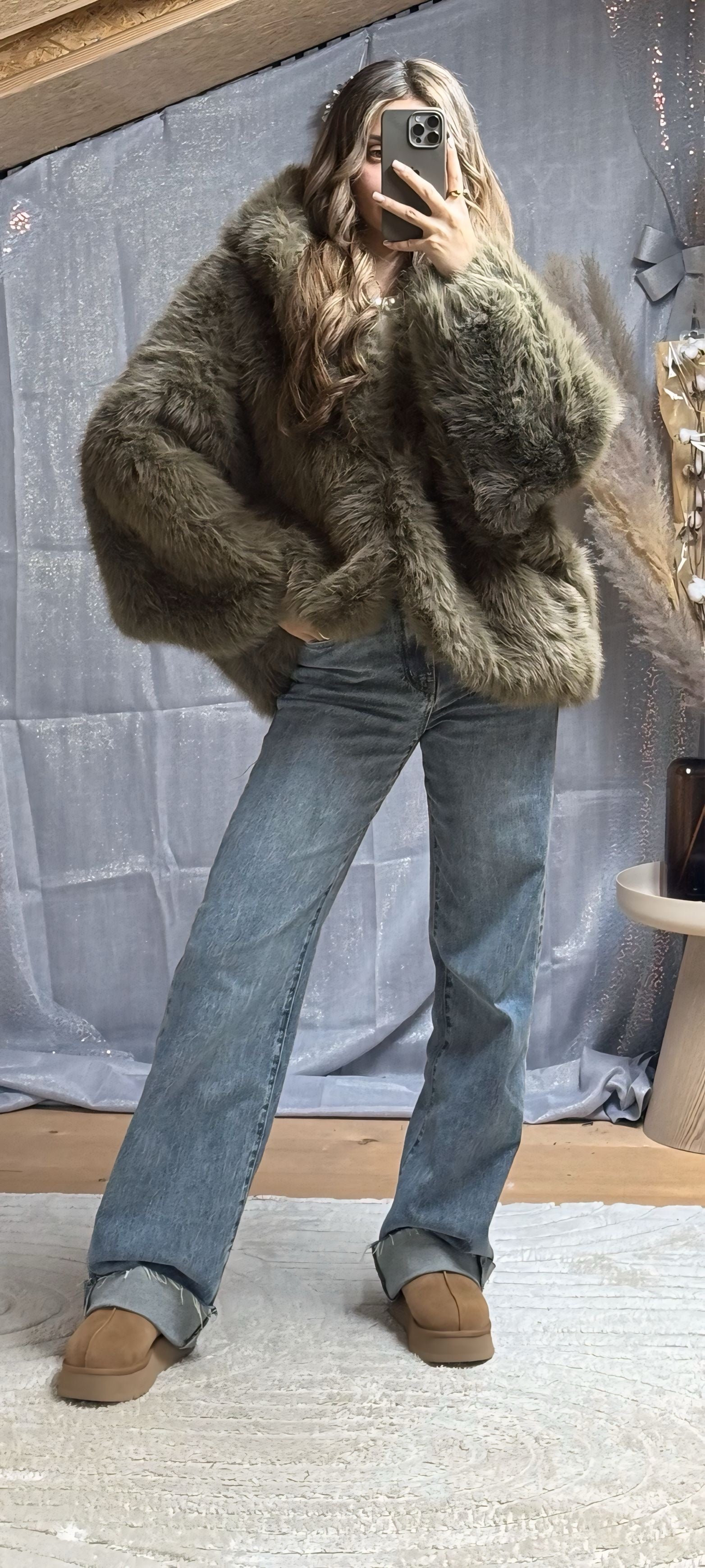 Fourrure à capuche Kaki/Taupe