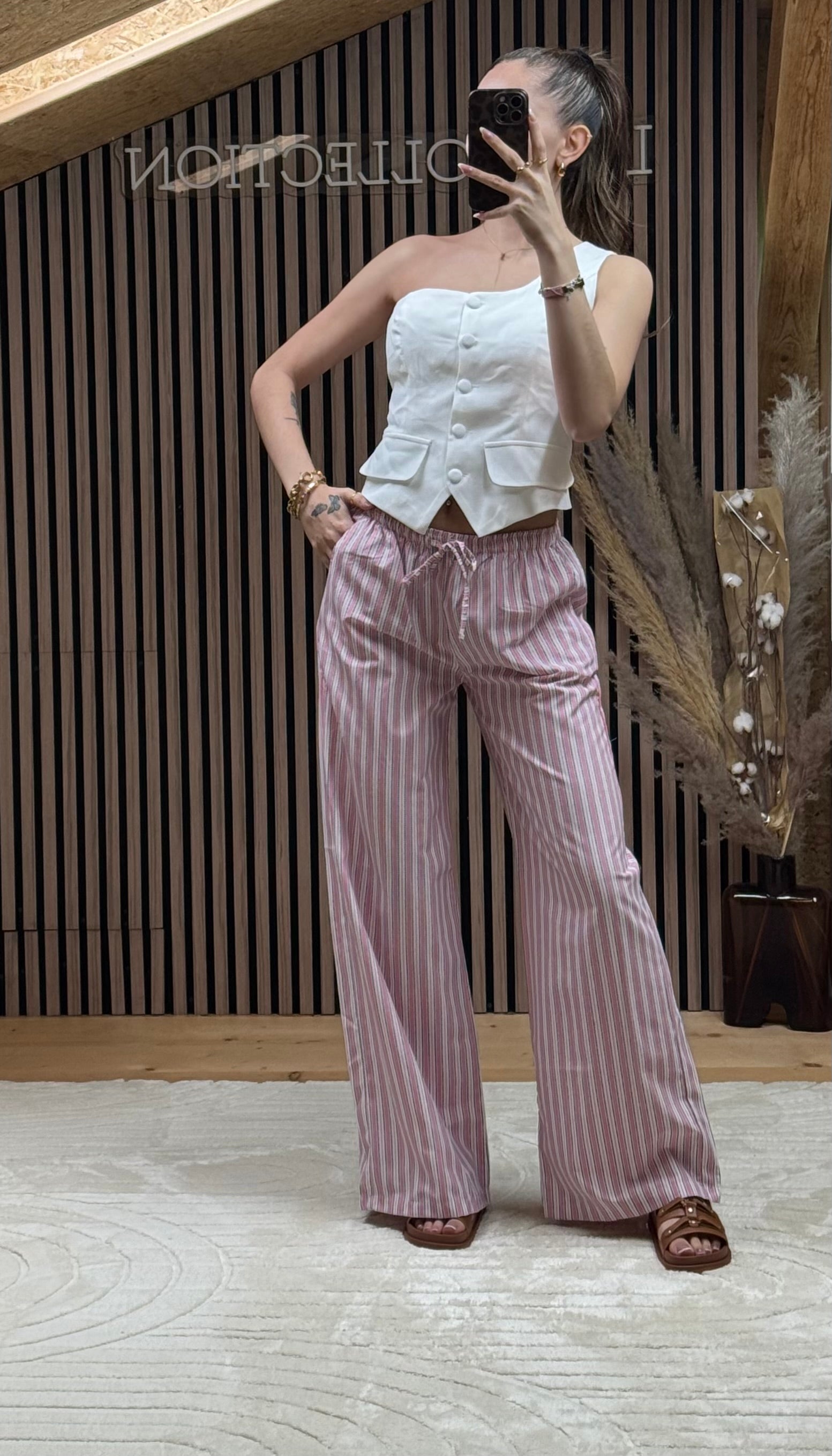 Pantalon Rayé Rose