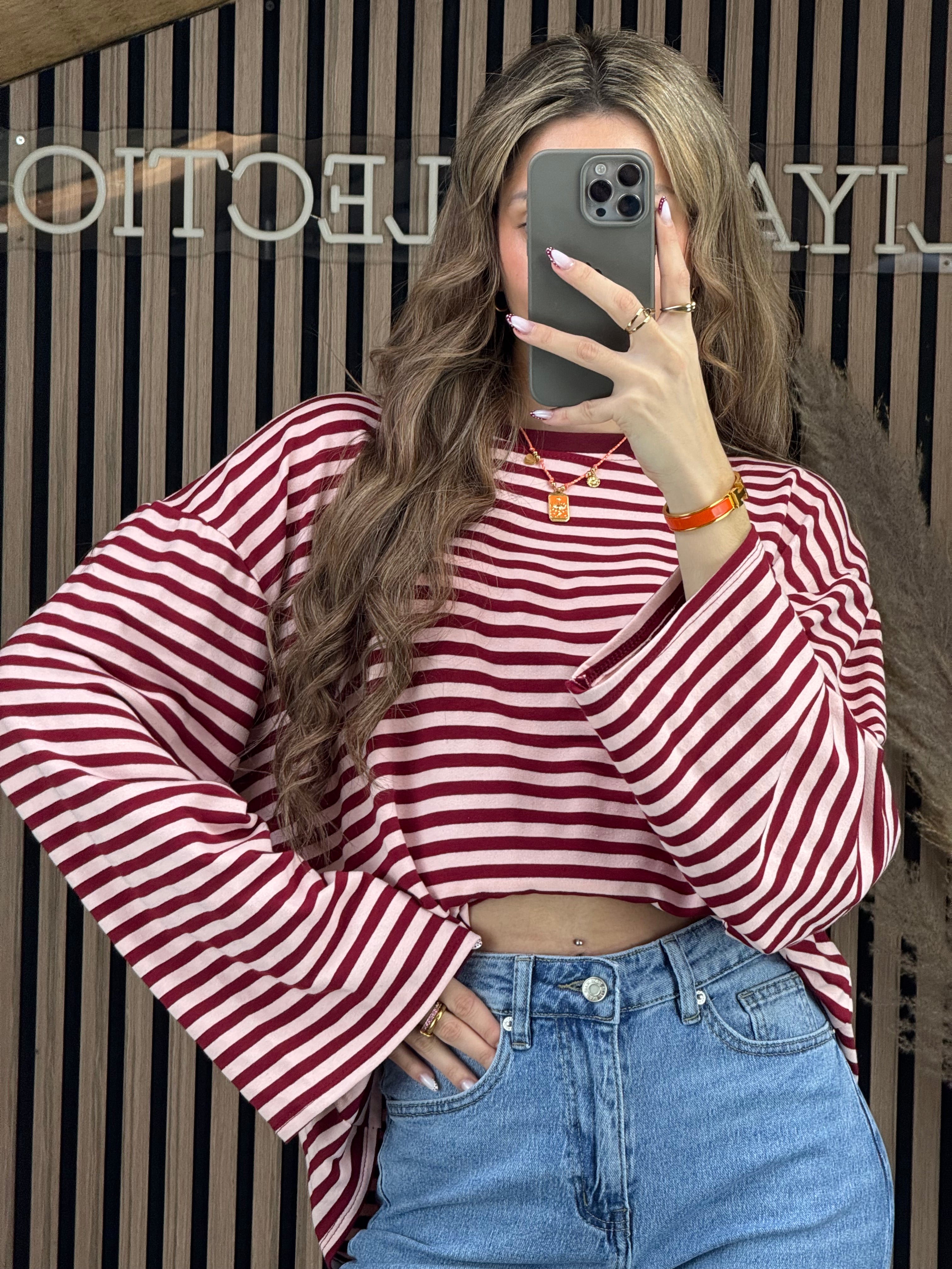 Pull rayé rose/bordeaux