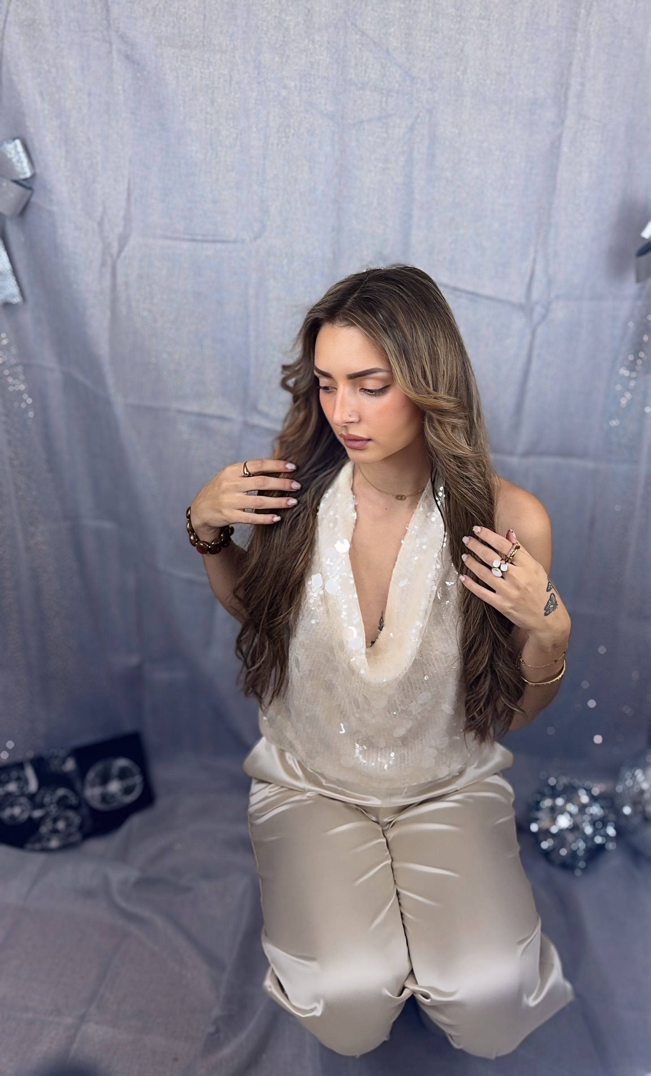 Top gros sequin écru